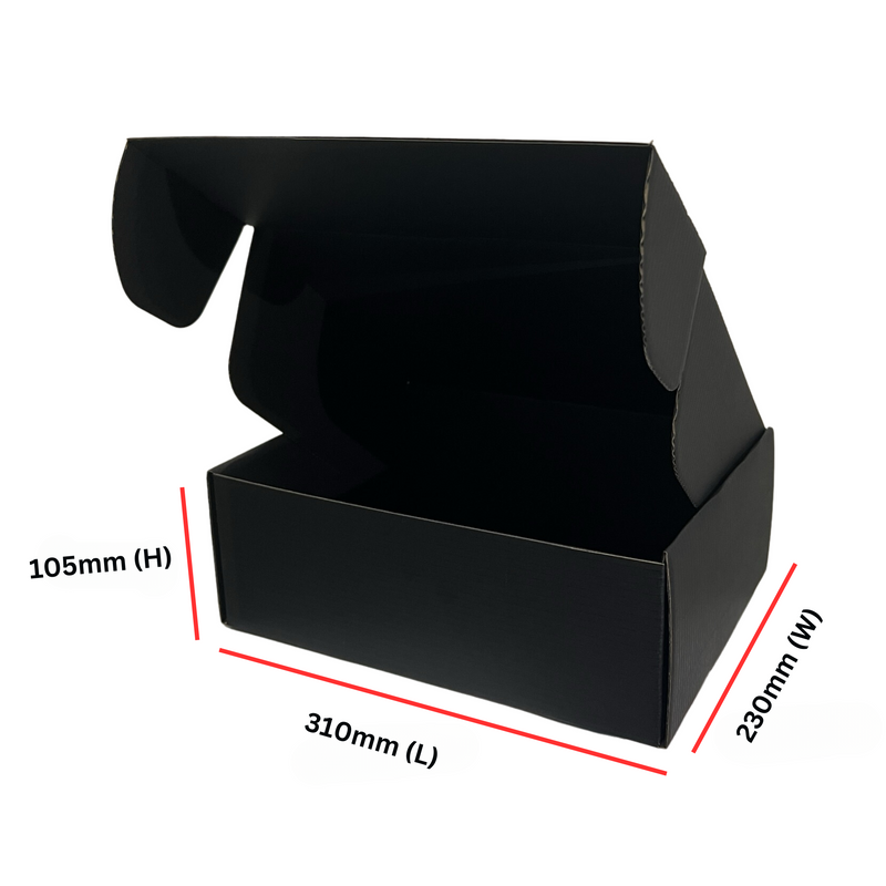 Premium-Quality Full Black Tuck Front Mailing Boxes 310 x 230 x 105mm | Die-Cut Shipping & Packing Cardboard Box