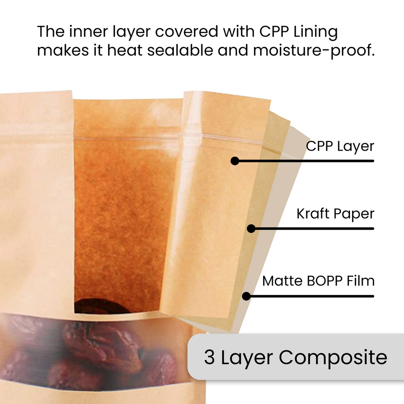 120 mm x 200 mm + 40 mm Resealable Kraft Paper Matt Window Zipper Lock Stand Up Bag Pouches Packaging - ozpack.au