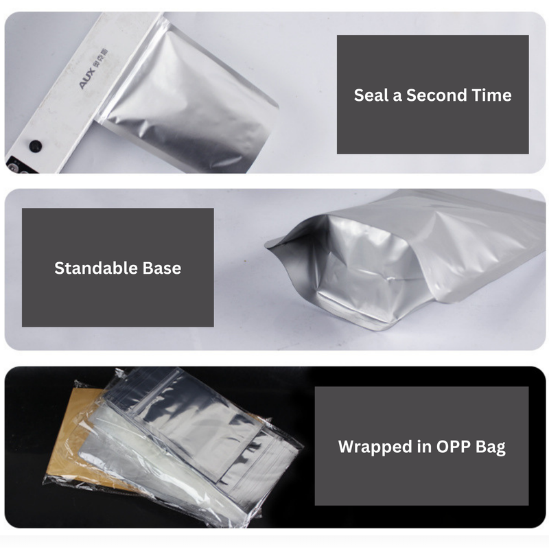 90mm x 130mm + 30mm Double Aluminum Foil Stand Up Retail Bags - Zip Lock Pouches (13µ Thickness)