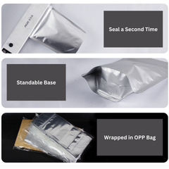 90mm x 130mm + 30mm Double Aluminum Foil Stand Up Retail Bags - Zip Lock Pouches (13µ Thickness)