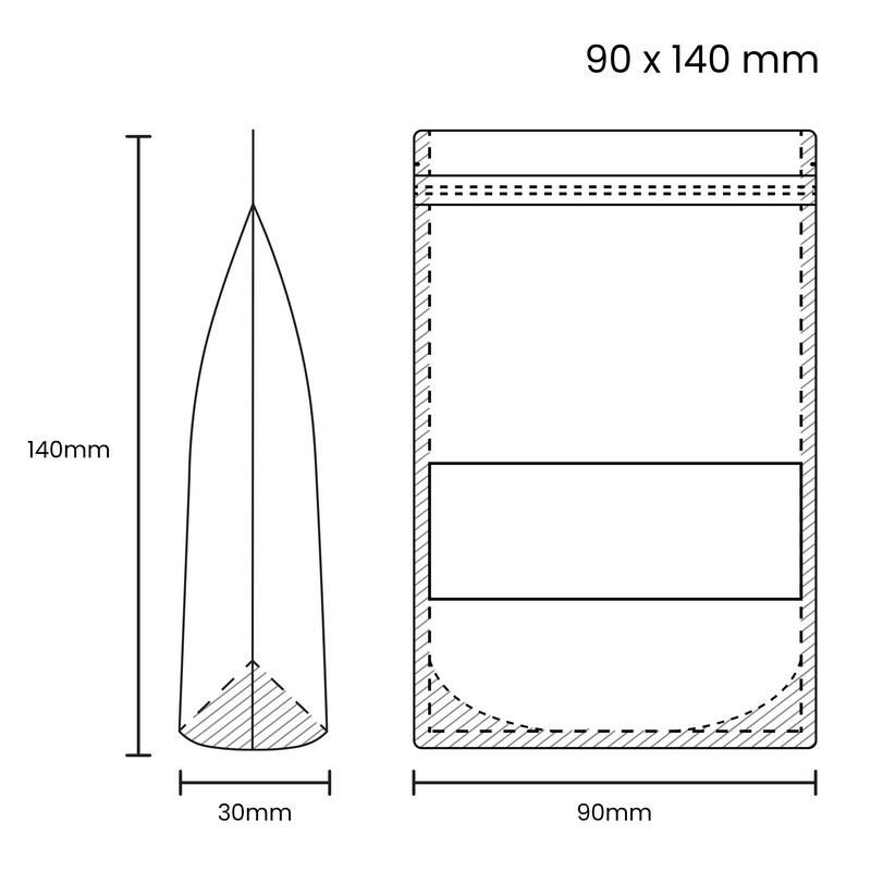 90 mm x 140 mm + 30 mm Resealable Kraft Paper Matt Window Zipper Lock Stand Up Bag Pouches Packaging - ozpack.au