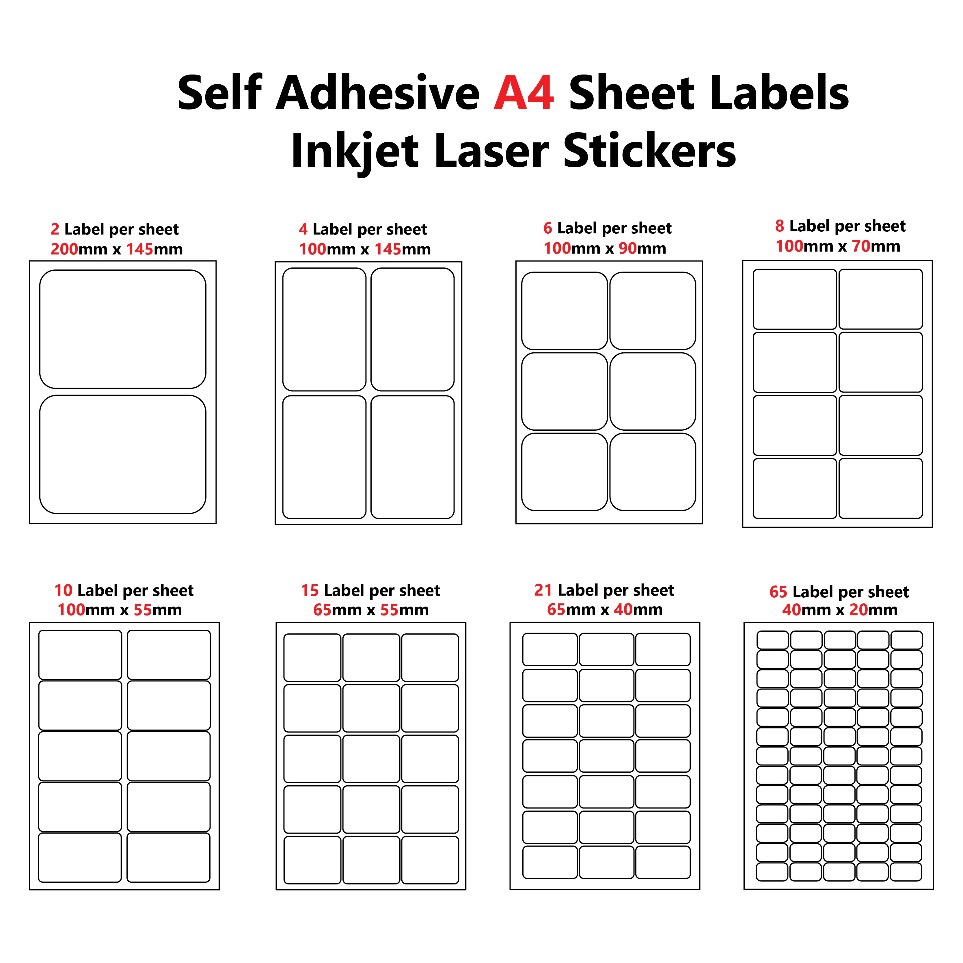 A4 Self adhesive Pre-cut 2/4/6/8/10/15/21/65 Labels per sheet