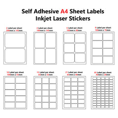 A4 Self adhesive Pre-cut 2/4/6/8/10/15/21/65 Labels per sheet - ozpack.au